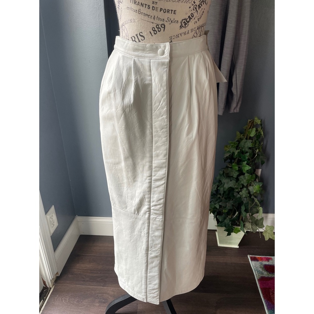 Vintage Monarch New Zealand White Leather Midi Skirt Button Front Size 26